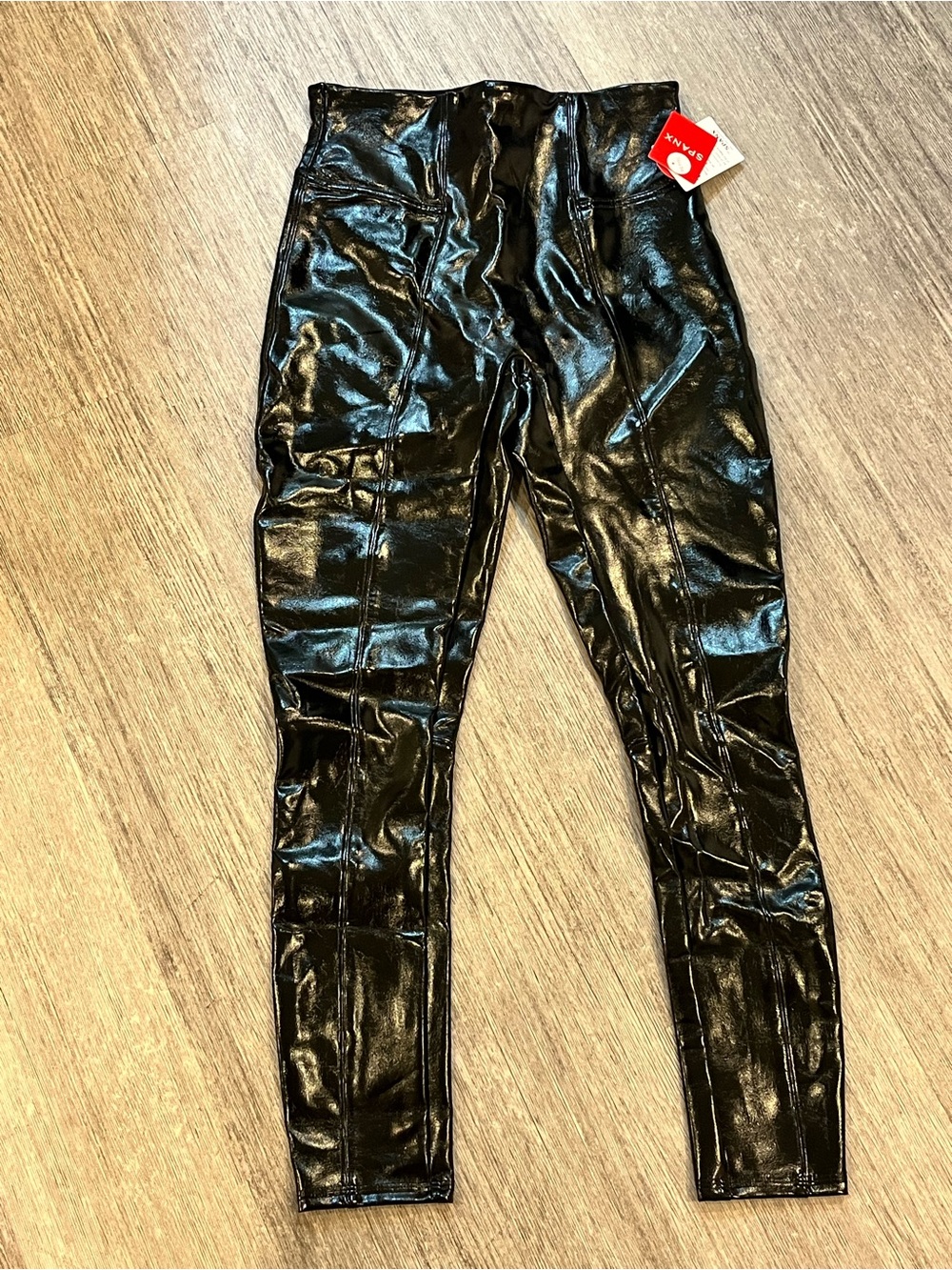 SPANX Black Shiny Faux Leather Leggings Small PETITE